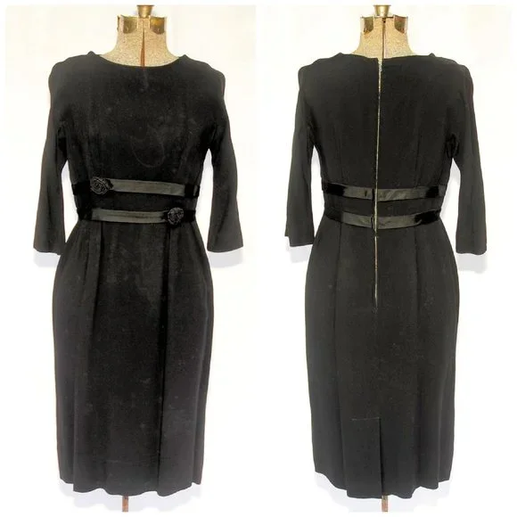 Vintage 50's 60's Black Crepe Cocktail Party Dress Ribbon Rosettes SM by Pavelle - Picture 10 of 10